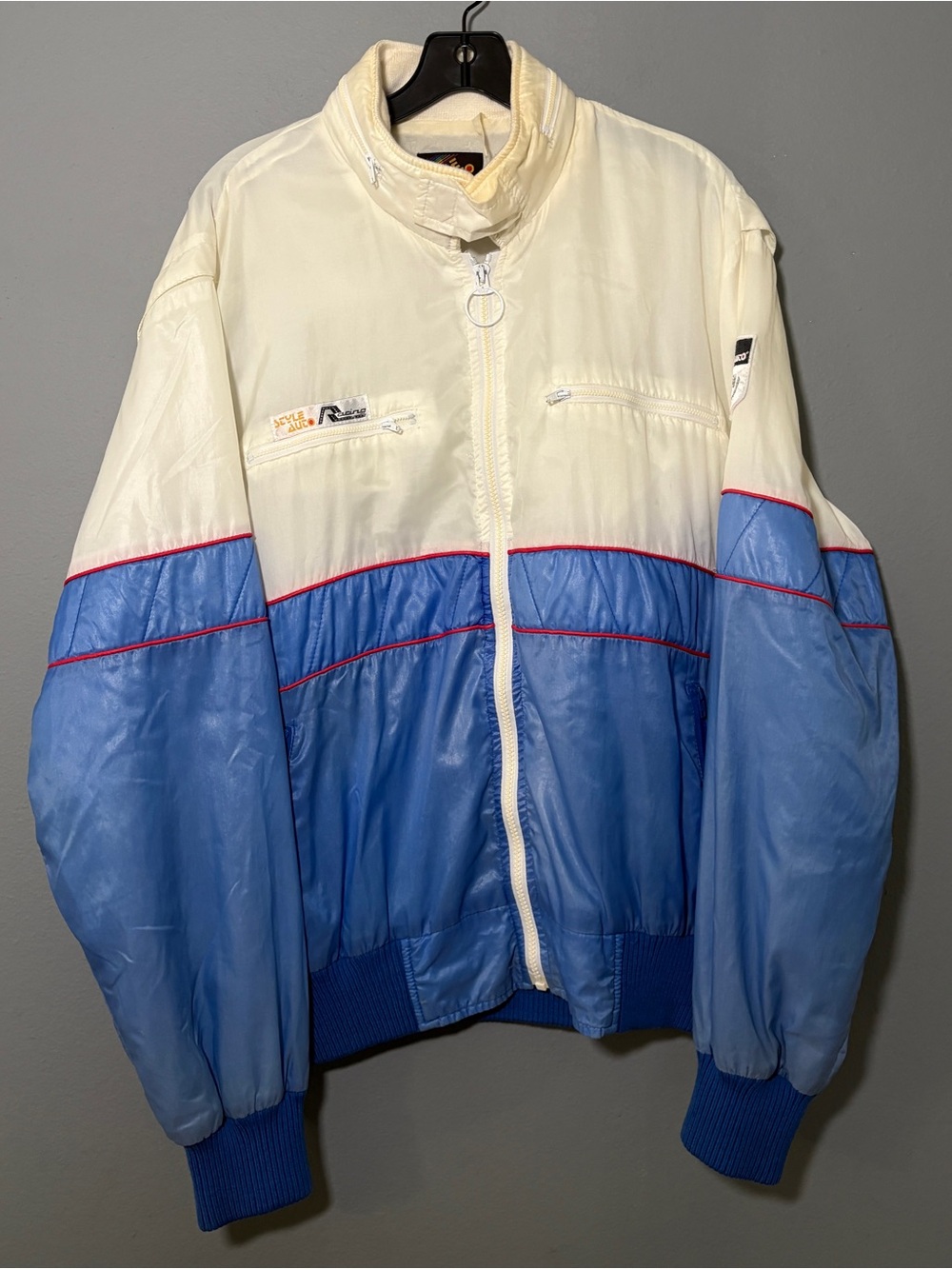 Vintage-Inspired Cream & Blue Windbreaker Jacket